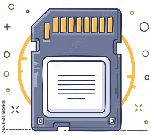 Vibrant hand-drawn illustration of a gray Secure Digital memory card for digital data storage technology