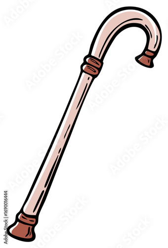Traditional walking cane with curved handle vintage style mobility aid illustration