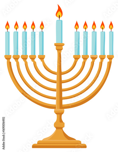Hanukkah Menorah illustration with nine lit candles for Jewish holiday celebration season