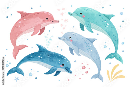 set of cute Watercolor marine dolphin animals
