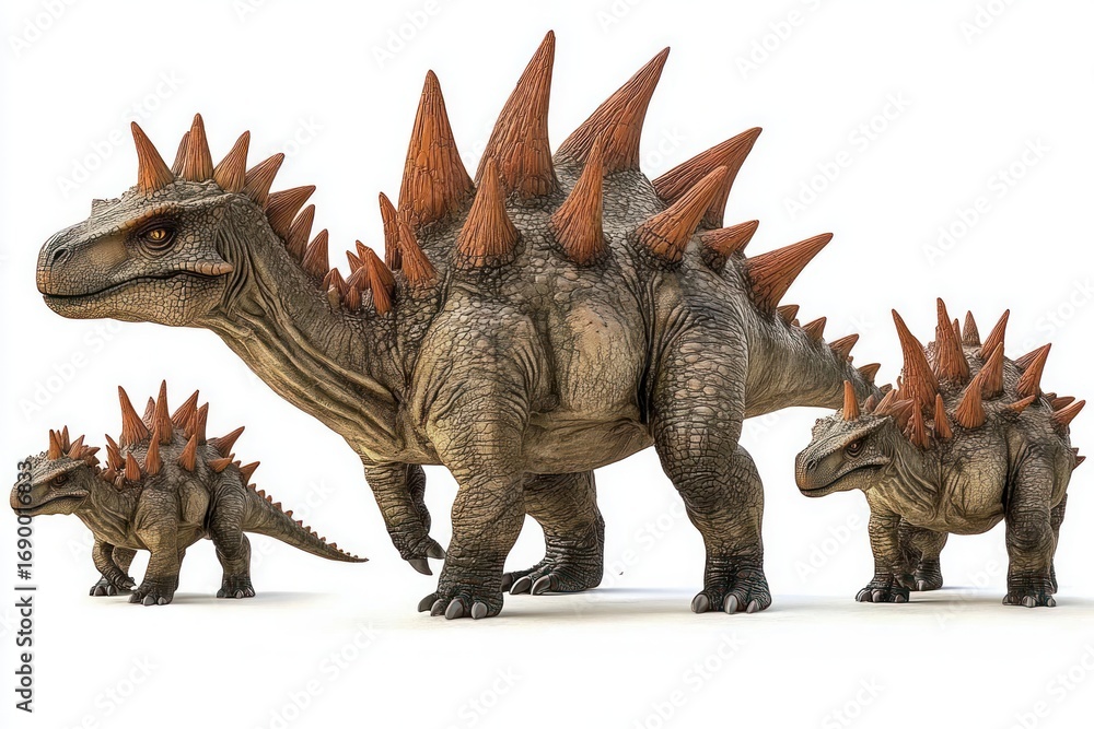 Obraz premium Three prehistoric stegosaurus dinosaurs standing on a white surface with rough brown skin and large red-orange dorsal spikes, showing a calm and alert expression