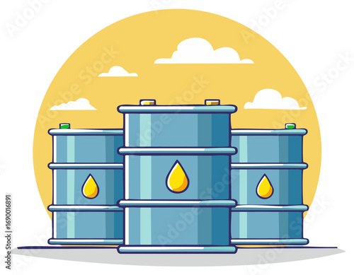 Three light blue barrels with oil drop symbols, storage of crude or refined fuels, resource cartoon vector