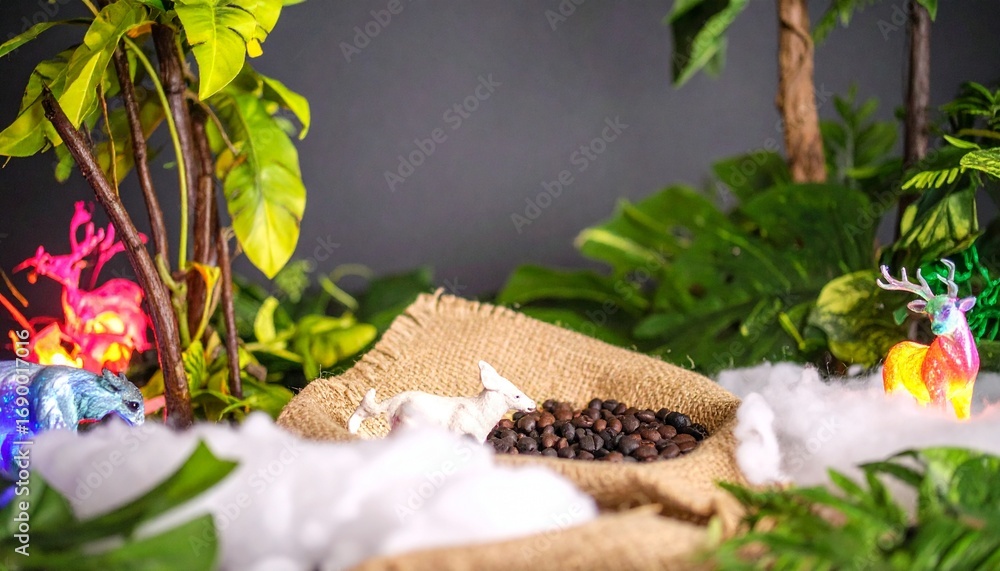 Fototapeta premium Indoor photo backdrop with green plants and checkered fabric decoration, simple studio setup