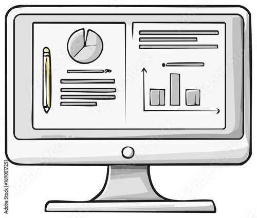 Computer screen displaying financial reports with pie chart and bar graph for data analysis in hand drawn illustration