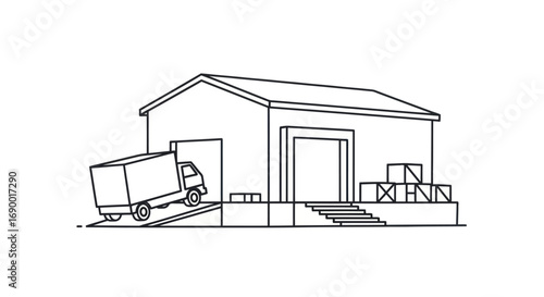 Simple Line Art Illustration of a Warehouse and Delivery Truck.