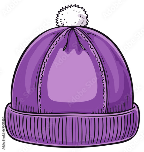 Purple knitted winter beanie with a white pompom cartoon vector illustration