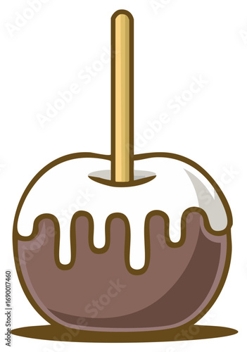 Single Chocolate Dipped Apple with Dripping White Candy Coating on Stick