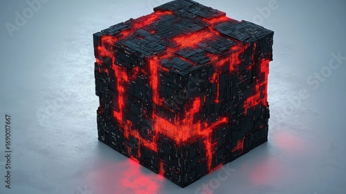 Futuristic black cube emitting glowing red light cracks on a smooth gray surface, evoking a high-tech and mysterious atmosphere