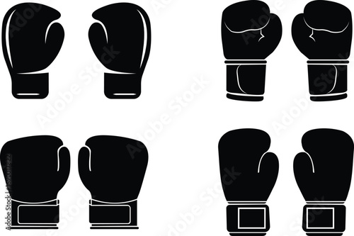 Boxing gloves silhouette icons set, sports fighting equipment symbols, martial arts training gym accessories black flat styles vectors designs collection for fitness competition illustration.