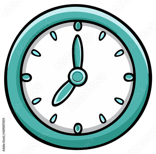 Cute cartoon teal clock with hands pointing to seven o'clock
