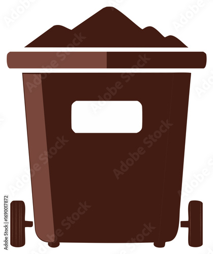 Brown trash bin filled with soil and compost with wheels and a window