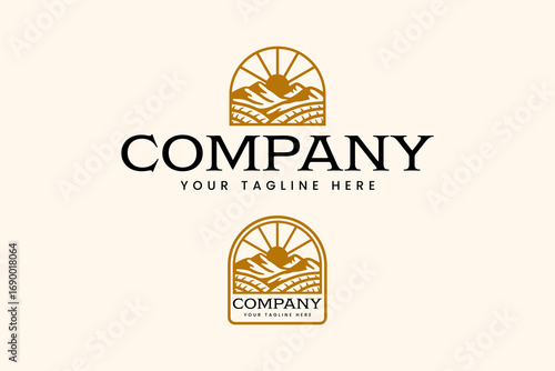 Sunrise mountain field retro logo for agriculture and organic. Vintage landscape emblem design with sun, hills, and farmland illustration. farm sunrise retro badge vector for eco and nature product
