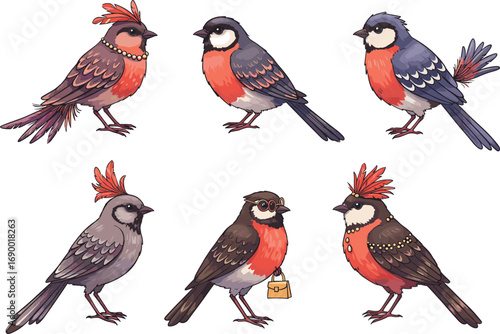Stylish cartoon birds, fashionable birds, cute bird characters, fancy feathers, accessorized birds, anthropomorphic birds, fashion animals, whimsical bird art