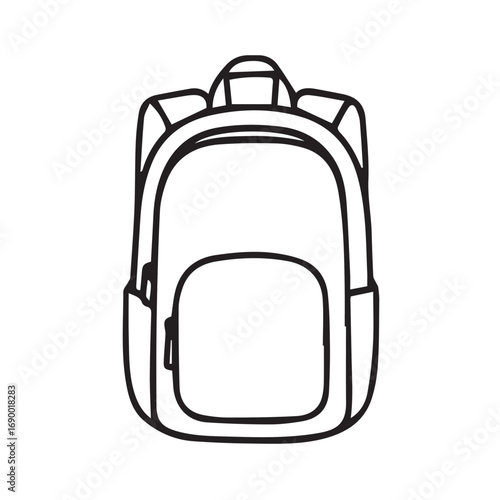 Vector minimalist elegant illustration of a backpack, designed in black and white with bold black outline, symbolizing travel, functionality, simplicity, and timeless everyday style.