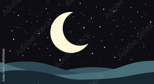 Peaceful crescent moon over gentle waves under a starry night sky
