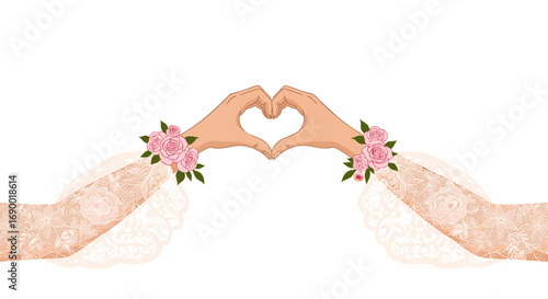 Two hands forming a heart shape with pink roses and lace adornments