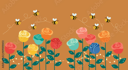 Whimsical garden scene with happy bees flying among colorful blooming roses illuminated by string lights