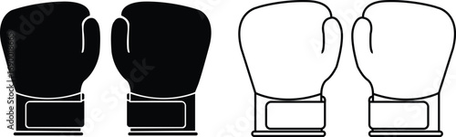Boxing gloves silhouette icons set, sports fighting equipment symbols, martial arts training gym accessories black flat and outline vectors designs collection for fitness competition illustration.