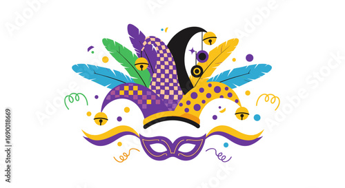 Festive mardi gras celebration with colorful jester hat mask feathers confetti bells and streamers