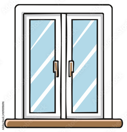 Cartoon window with two panes white frame blue glass and brown sill