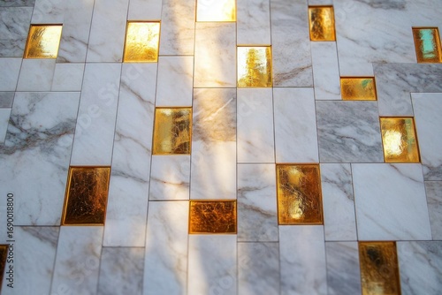 White marble tiles with natural gray veins interspersed with shiny gold metallic rectangles reflecting light