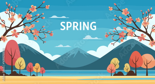 Beautiful spring scenery with blossoming trees mountains and a serene lake in the background