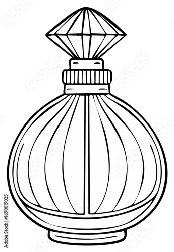 Elegant black and white line art illustration of a vintage perfume bottle featuring a faceted crystal stopper and fluted glass details