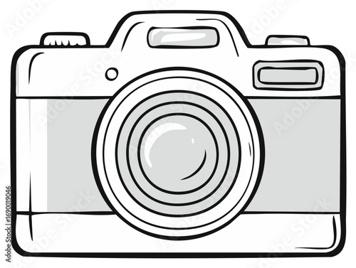 Simple drawing of a compact digital camera with a large lens and flash.