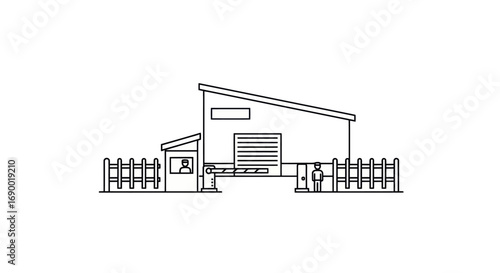Modern Minimalist Building with Sloping Roof and Fenced Perimeter.