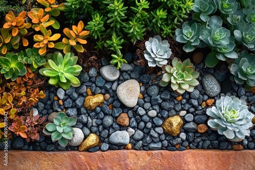 Top view of a colorful succulent garden with various green, orange, and blue-grey plants arranged neatly on dark pebbles with small golden decorative stones and a reddish-brown border