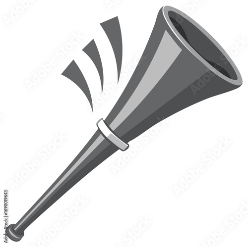 Silver colored retro party horn with sound waves in motion isolated on white