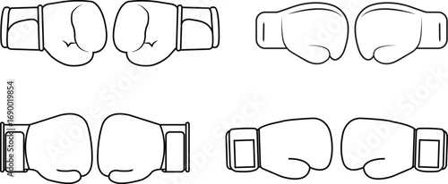 Boxing gloves silhouette icons set, sports fighting equipment symbols, martial arts training gym accessories black outline styles vectors designs collection for fitness competition illustration.