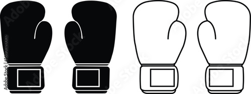 Boxing gloves silhouette icons set, sports fighting equipment symbols, martial arts training gym accessories black flat and outline vectors designs collection for fitness competition illustration.