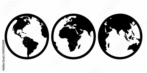 Three black and white earth globes showing different continents in a circular frame illustration style | editable eps vectors silhouette