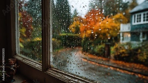 View from inside cozy home looking out window onto rainy autumn day, window frame provides natural framing. Moody, reflective, copy space.
