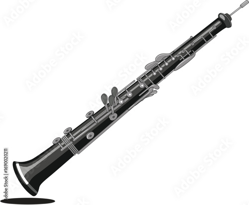 A detailed illustration of an oboe, a woodwind instrument with keys and a slender body