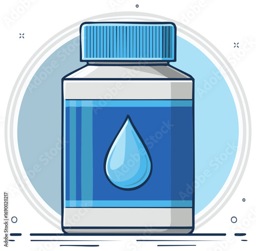 A simple stylized bottle with a blue label featuring a large water drop promoting hydration and purity of substance