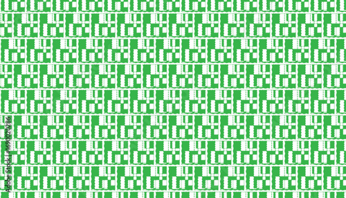 Repeating geometric pattern of white rectangles with jagged edges on a green background