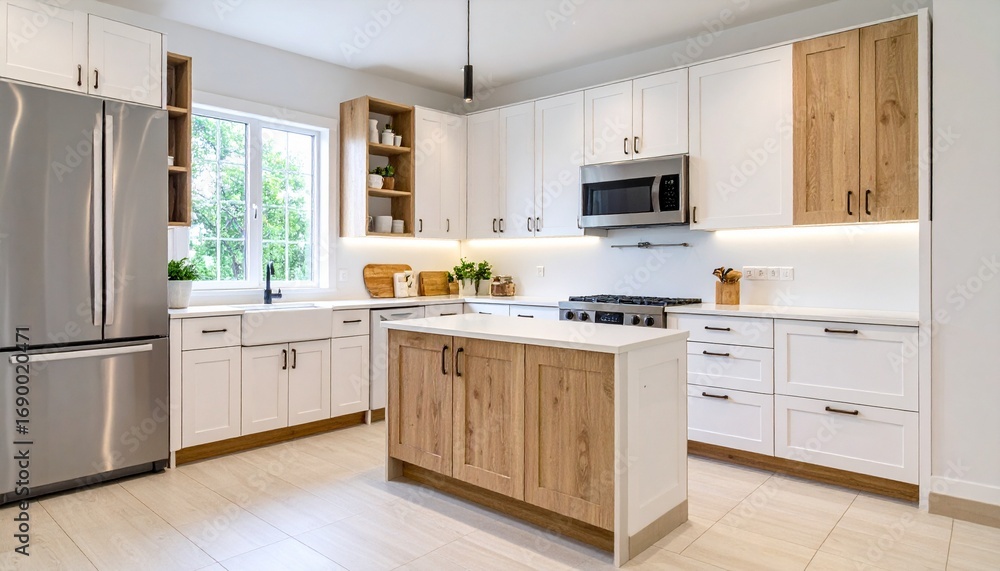 Fototapeta premium Modern kitchen interior with complete appliances including refrigerator, stove, oven