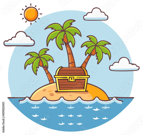 Cartoon Treasure Chest on Tropical Island with Palms, Sun, and Clouds Illustration