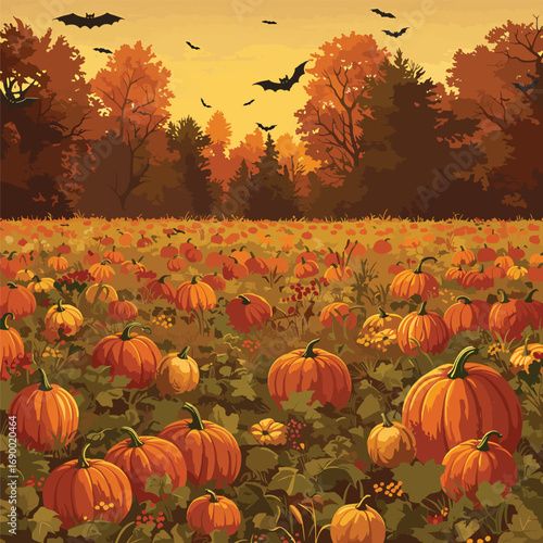 Autumnal pumpkin patch landscape with bats flying under a golden sunset sky, seamless pattern, Stock royalty free image.