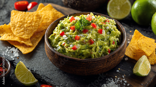 Delicious guacamole served in a wooden bowl with fresh tortilla chips and lime, perfect for parties and gatherings.