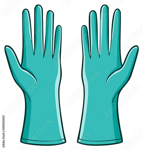 Pair of bright aqua blue rubber gloves displayed palm up showing fingers on white background