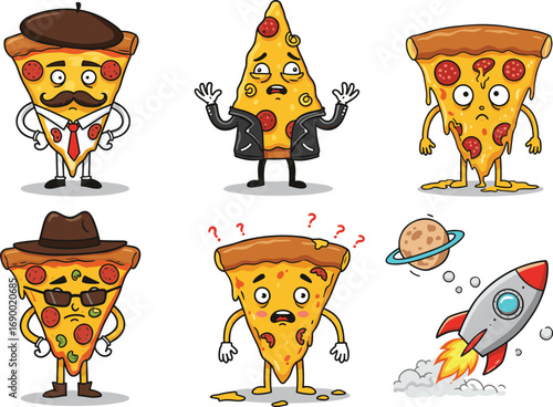Funny pizza characters, cartoon pizza slices, expressive food faces, pizza costume art, emotional food illustration, humorous snack design, comic pepperoni slice