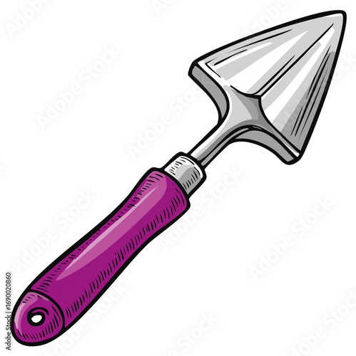 Hand-drawn illustration of a garden trowel with a purple handle and metal scoop