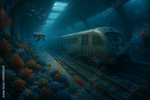 Lost Railway Station Underwater: An surreal underwater scene, a train rests at a submerged train station, surrounded by corals and marine life, evoking mystery and wonder. 