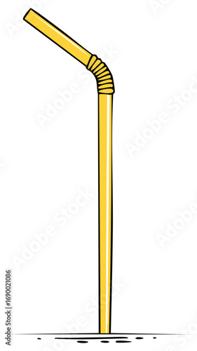 Single yellow plastic drinking straw with flexible joint, isolated on white background