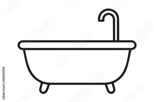 Elegant minimalist vector illustration of a bathtub, designed in black and white style with strong black outline, representing simplicity, relaxation, purity, and comfort.