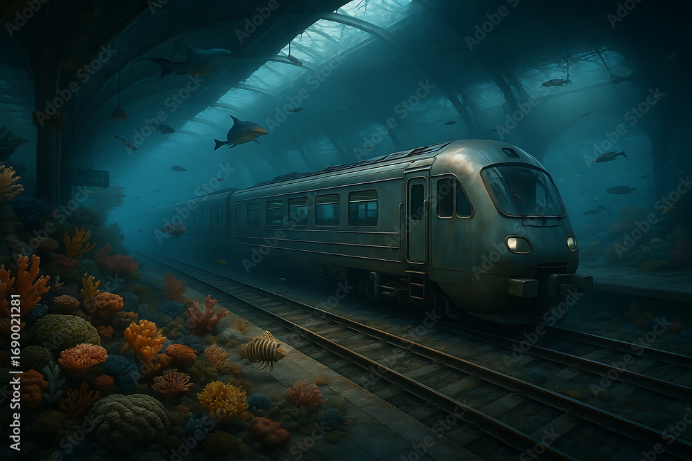 Naklejka premium Subaquatic Transit: A conceptual image of a train submerged beneath the ocean's surface, navigating a tunnel alongside diverse marine life, an exploration of underwater transportation.