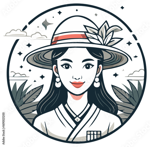 A beautiful smiling woman in a wide-brimmed hat, a vector portrait illustration in a circular frame with nature elements.